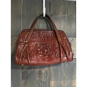 Vtg Aztec Hand Tooled Brown Leather Satchel Purse Mexico Mayan Boho Bag Roses